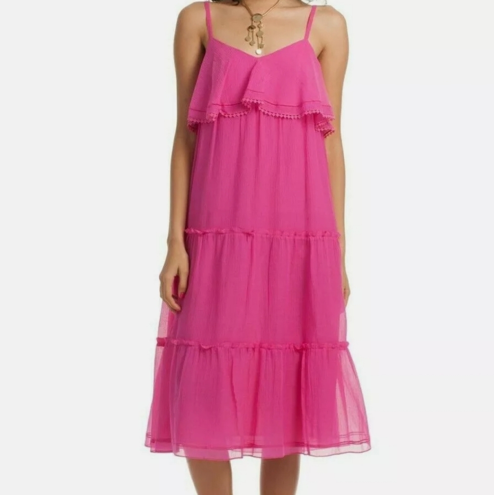 Trina Turk Narcissus Fuchsia cotton Silk pink midi sleeveless sundress Small 2 4